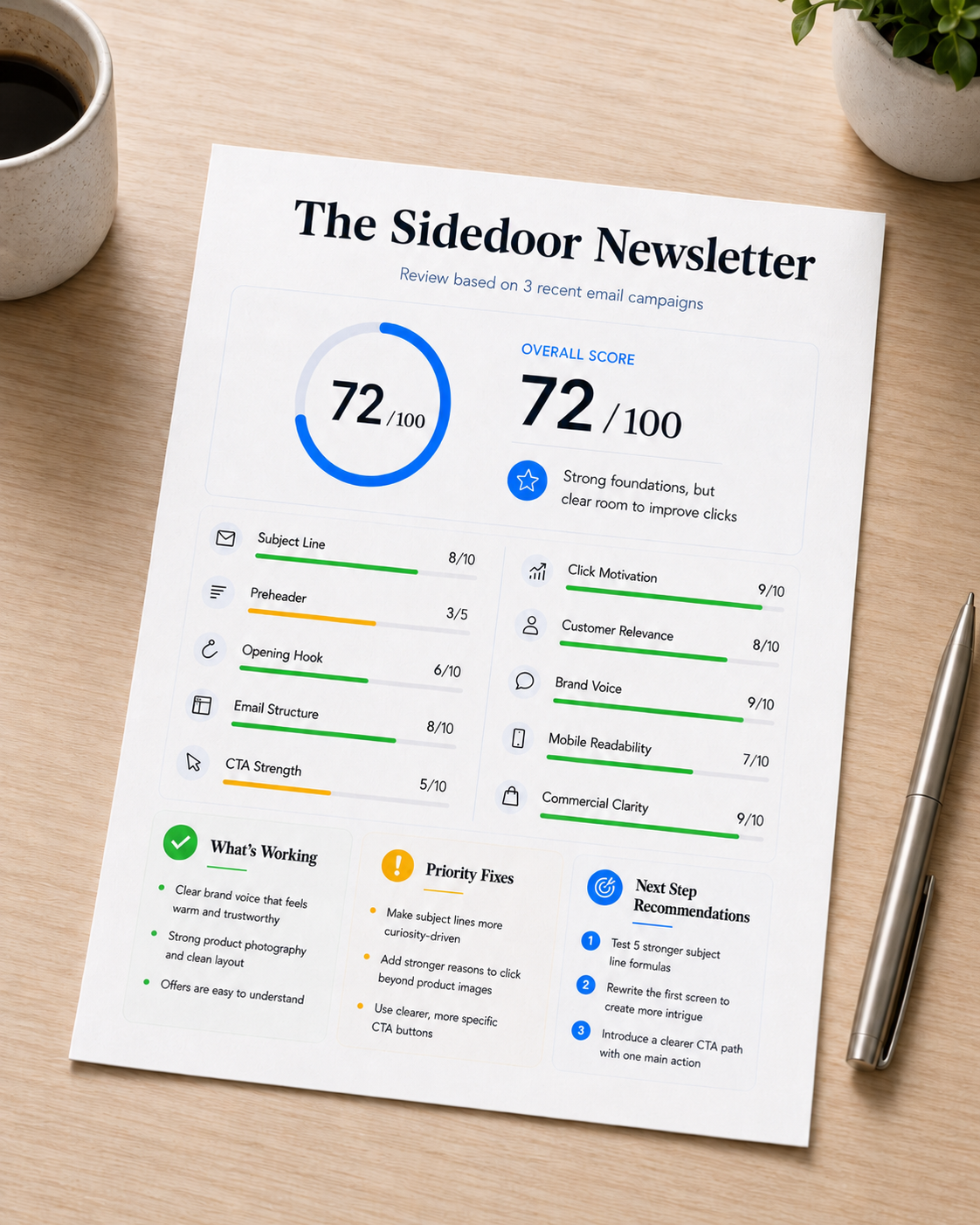 Sample Newsletter Scorecard showing an overall score of 72 out of 100, with individual ratings for subject line, preheader, opening hook, email structure, CTA strength, click motivation, customer relevance, brand voice, mobile readability and commercial clarity, plus what's working, priority fixes and next-step recommendations.